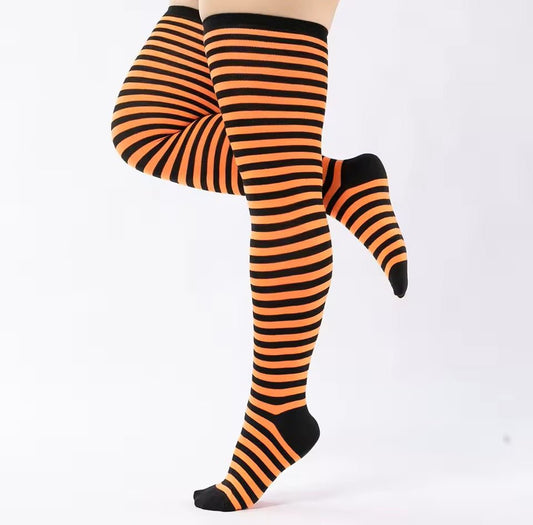 Plus Size Thin Striped Patterned Socks (Thigh High)