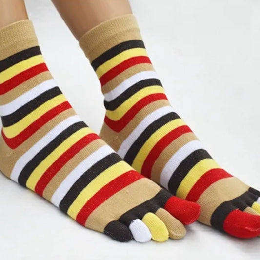 Rainbow Striped Pattern Toe Socks (Adult Medium - Women's Shoe Sizes 5 - 10) - Brown Accent