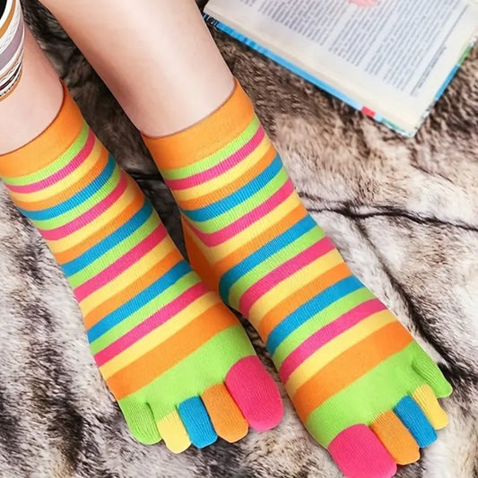 Rainbow Striped Pattern Toe Socks (Adult Medium - Women's Shoe Sizes 5 - 10) - Orange Accent
