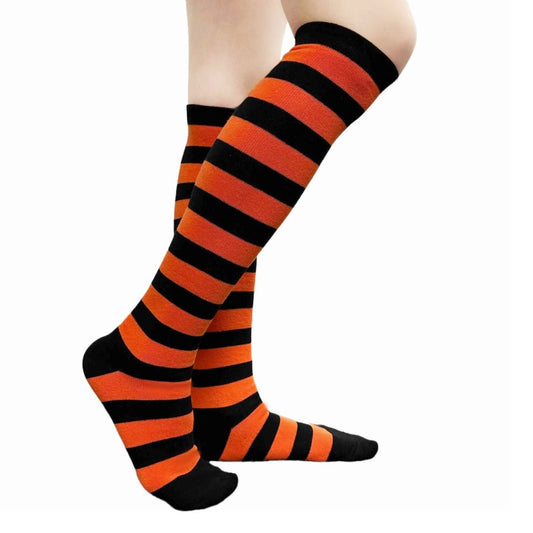 Striped Patterned Socks (Knee High) - Dark Orange and Black