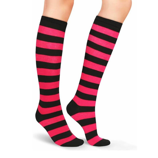 Striped Patterned Socks (Knee High) Rose Red and Black