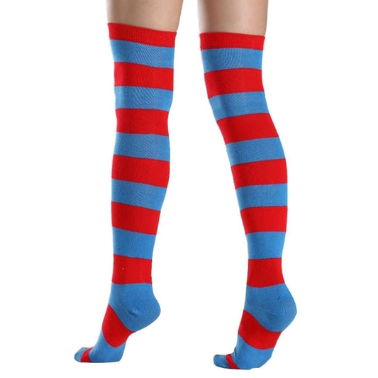 Striped Patterned Socks (Thigh High) Blue and Red