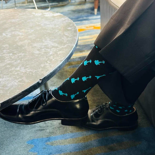 Teal and Black Guitar Patterned Socks from the Sock Panda