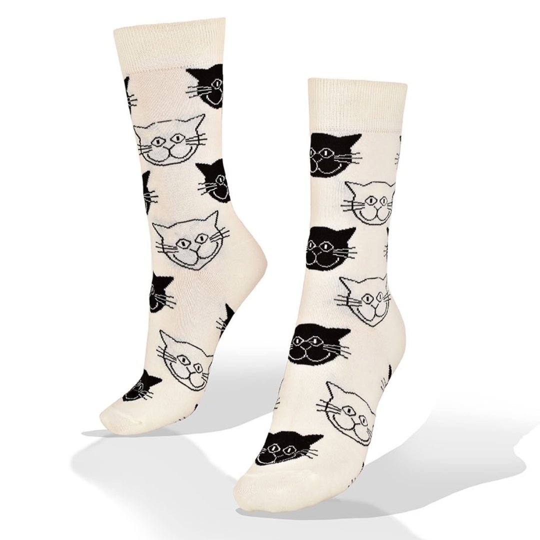 Black and White Cat Pattern Socks (Adult Medium - Women's Shoe Sizes 5 - 10) - Classic