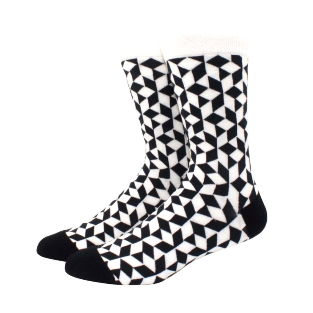 Black and White Diamond 3D Cubed Patterned Socks (Adult Large - Men's Shoe Sizes 8 - 12)