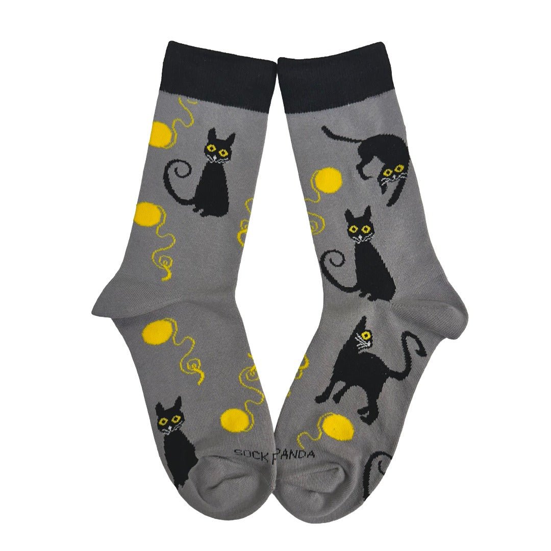 Black Cat Playing with Yarn Socks (Adult Medium - Women's Shoe Sizes 5 - 10)