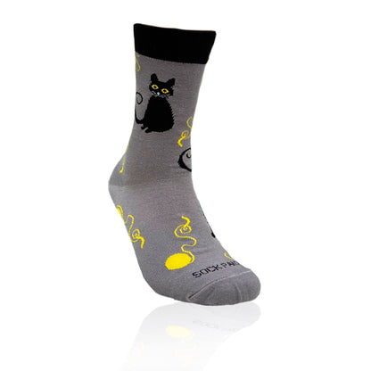 Black Cat Playing with Yarn Socks (Adult Medium - Women's Shoe Sizes 5 - 10)