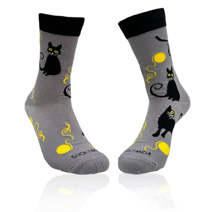 Black Cat Playing with Yarn Socks (Adult Medium - Women's Shoe Sizes 5 - 10)