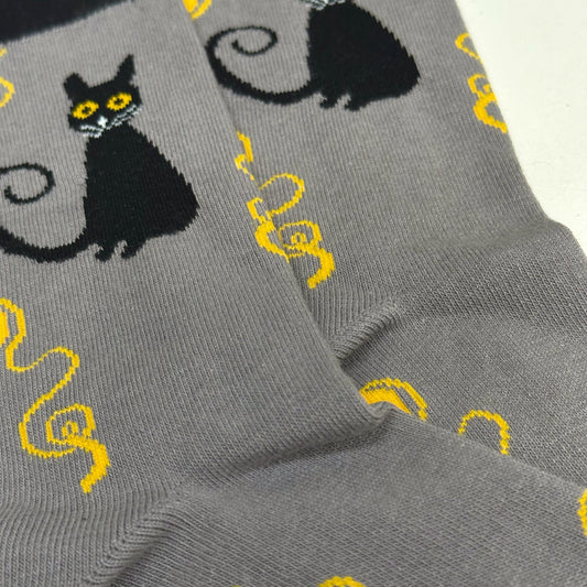 Black Cat Playing with Yarn Socks (Adult Medium - Women's Shoe Sizes 5 - 10)