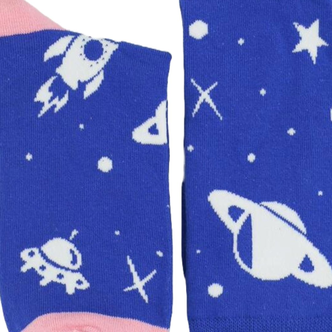 Blue Space Socks With Planets and Rocket Ship Socks (Adult Small - Shoe Sizes 2 - 5) from the Sock Panda