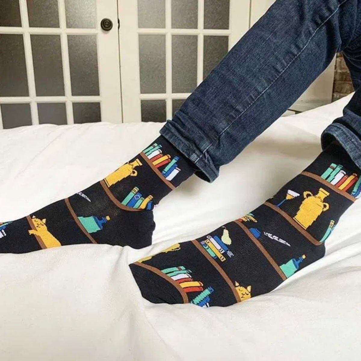 Cat Resting on a Bookshelf Socks (Adult Large - Men's Shoe Sizes 8 - 12)