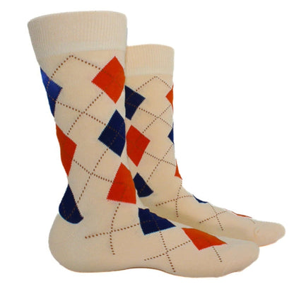 Cream Argyle Socks from the Sock Panda (Adult Large) - Blue and Coral Diamond