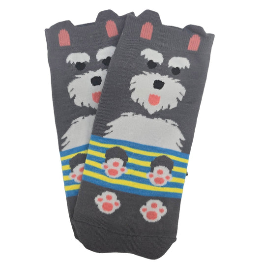 Dark Gray and White Puppy Dog Ankle Socks (Adult Medium - Women's Shoe Sizes 5 - 10)