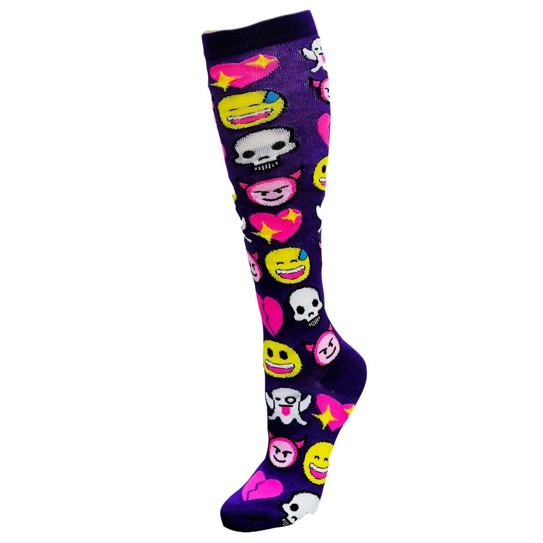 Fun Purple Emoji Pattern Socks from the Sock Panda (Knee High)