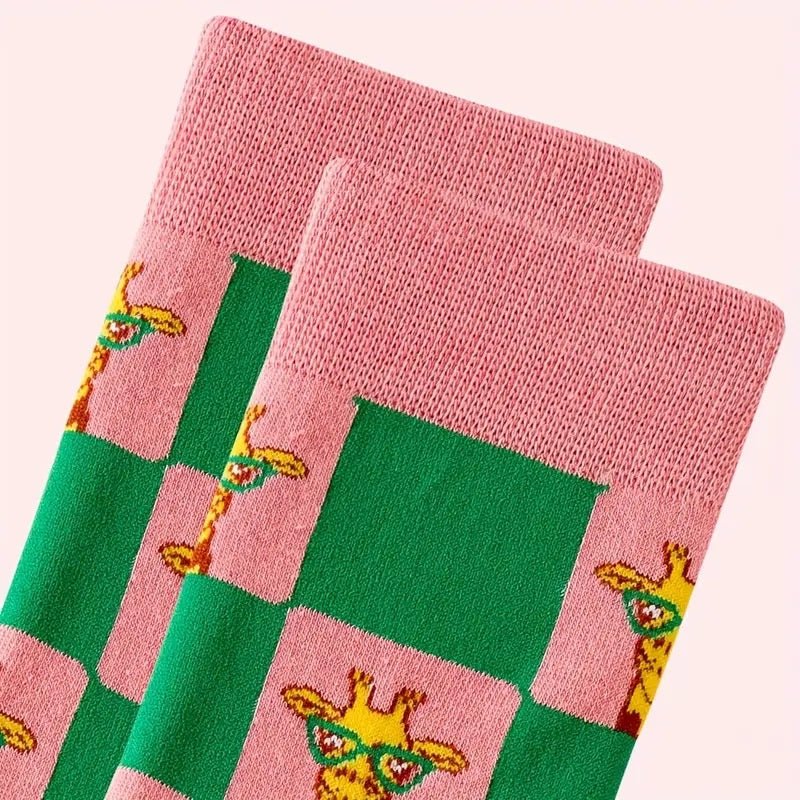 Giraffe Wearing Glasses Checker Pattern Socks (Adult Medium - Women's Shoe Sizes 5 - 10)