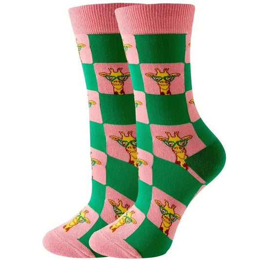 Giraffe Wearing Glasses Checker Pattern Socks (Adult Medium - Women's Shoe Sizes 5 - 10)