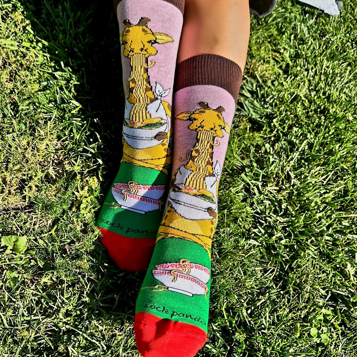 Giraffe Yogi Eating Ramen Socks from the Sock Panda (Adult Medium - Women's Shoe Sizes 5 - 10)