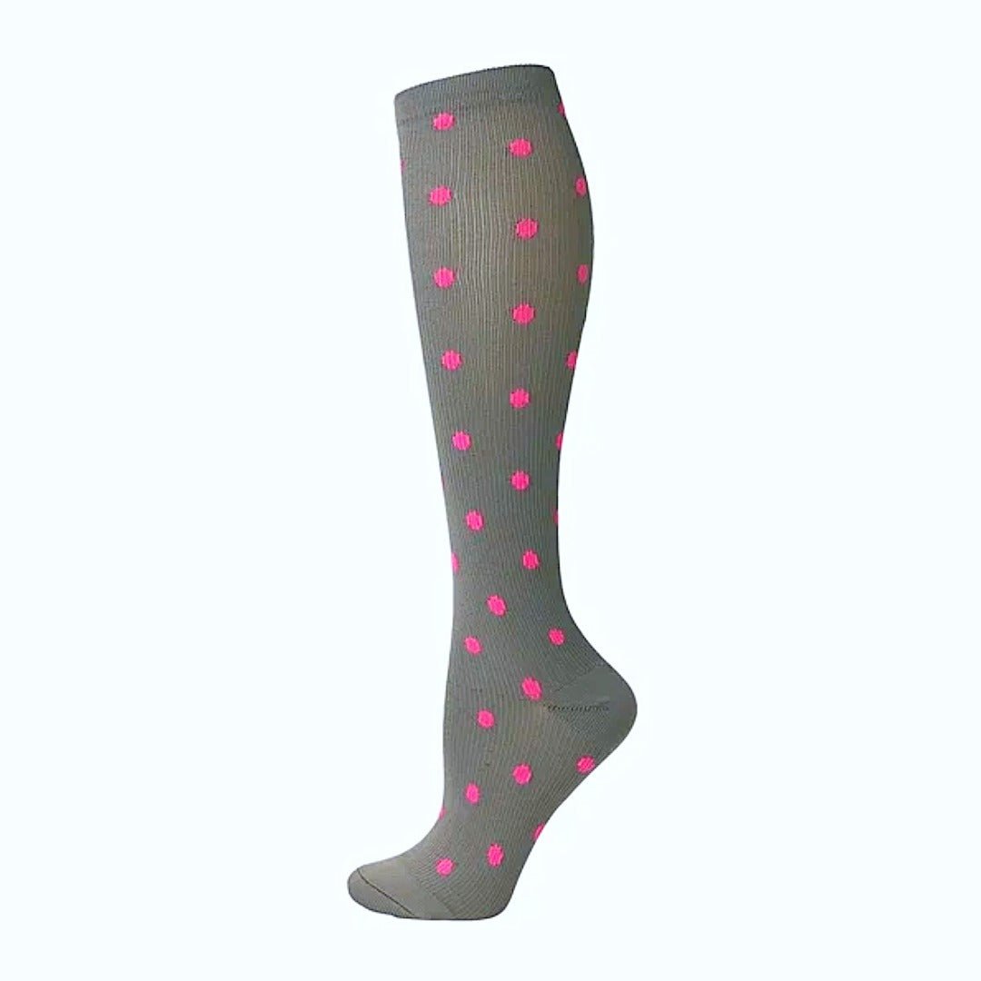 Gray with Pink Polka Dots Patterned Knee High (Compression Socks) PuPiPolkCompSm