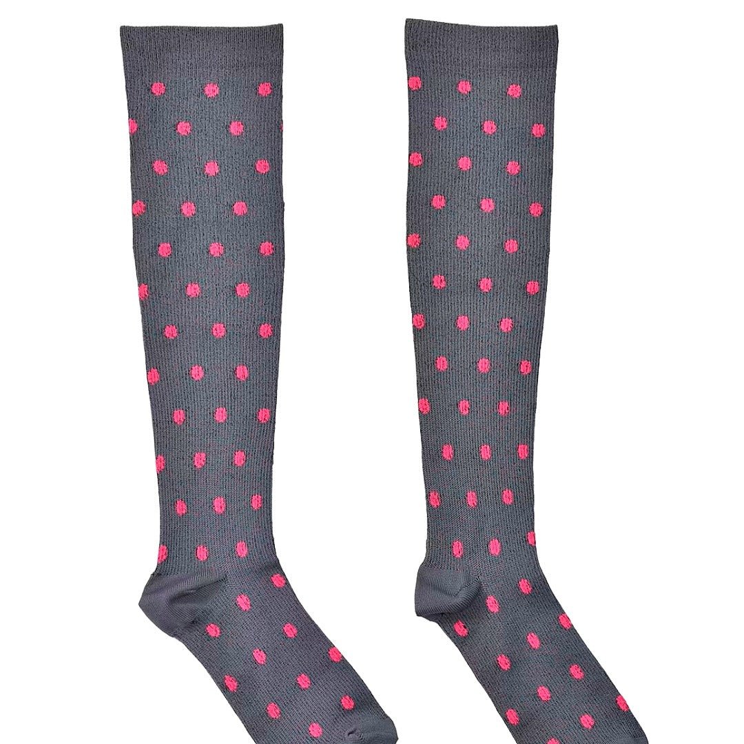 Gray with Pink Polka Dots Patterned Knee High (Compression Socks) PuPiPolkCompSm
