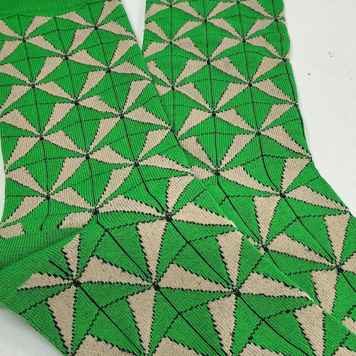 Green and Dark Beige Geometric Socks from the Sock Panda (Adult Large)