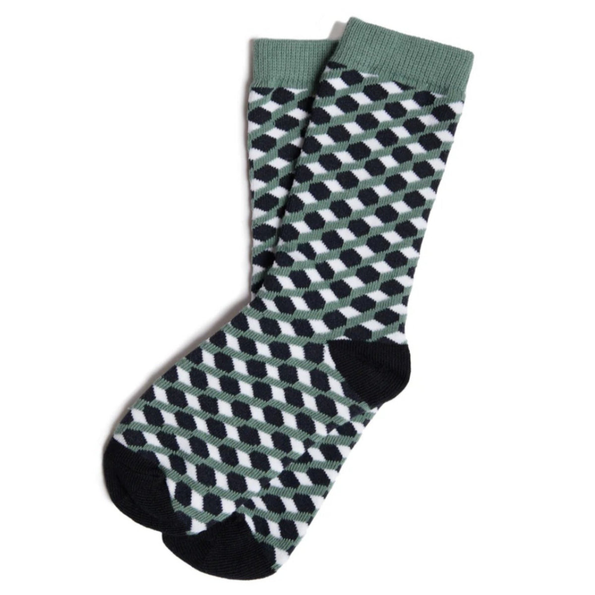 Olive Green, Black and White 3D Cubed Patterned Socks (Adult Large)