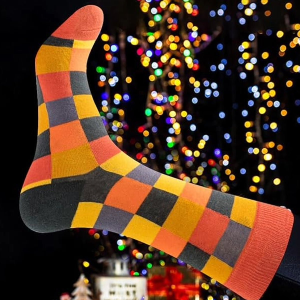 Orange and Brown Square Checkered Pattern Socks (Adult Large - Men's Shoe Sizes 8 - 12)