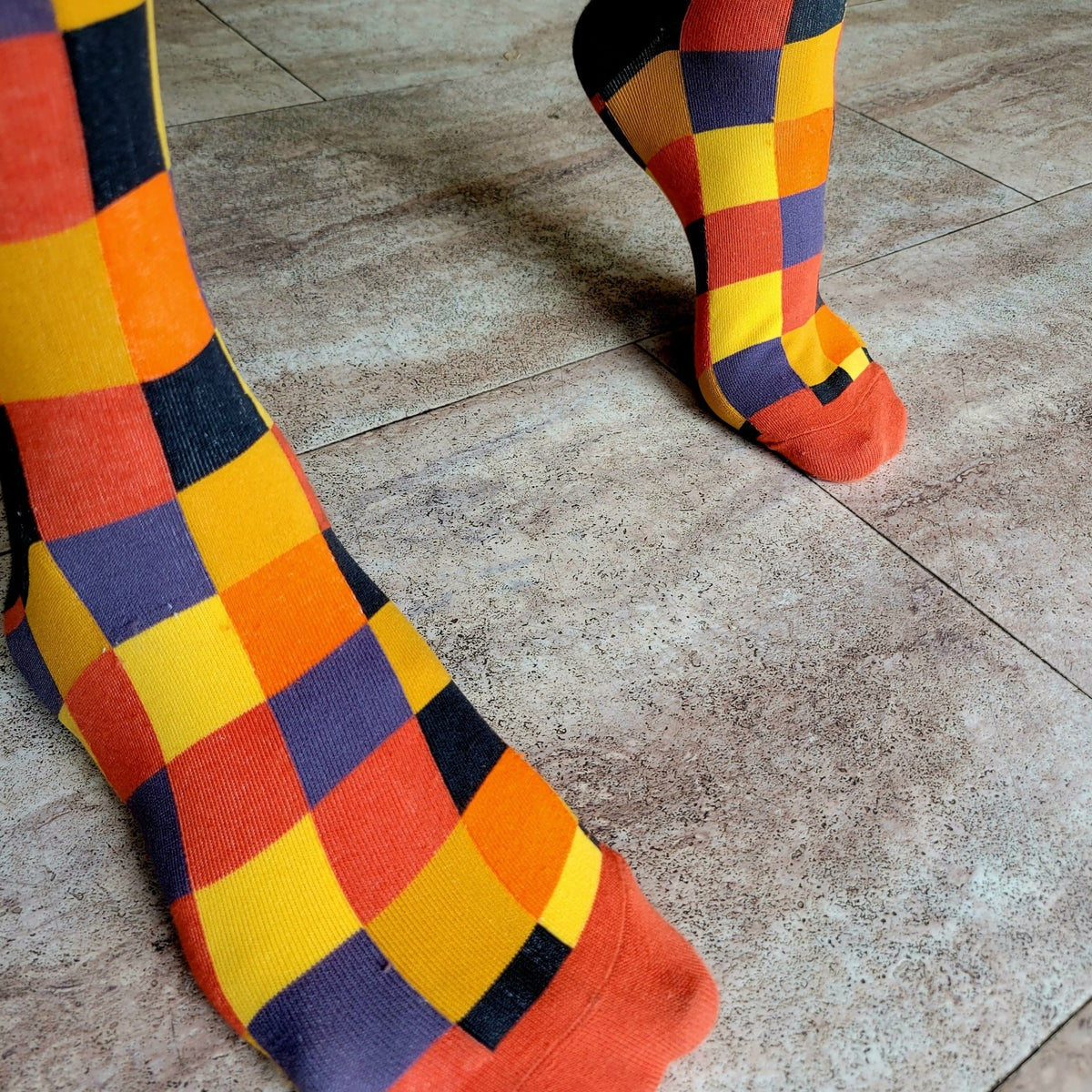 Orange and Brown Square Checkered Pattern Socks (Adult Large - Men's Shoe Sizes 8 - 12)