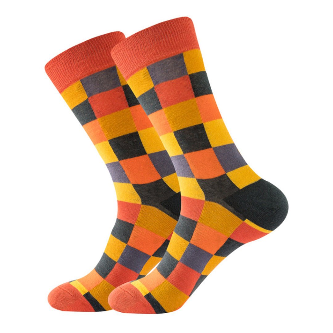 Orange and Brown Square Checkered Pattern Socks (Adult Large - Men's Shoe Sizes 8 - 12)
