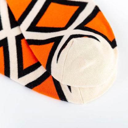 Orange, Black and White Geometric Pattern Ankle Socks (Adult Large - Men's Shoe Sizes 8 - 12)