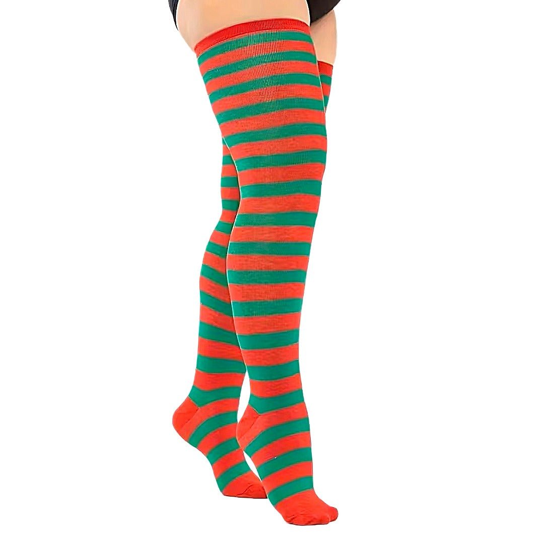 Plus Size Thin Striped Patterned Socks (Thigh High) - Red and Green