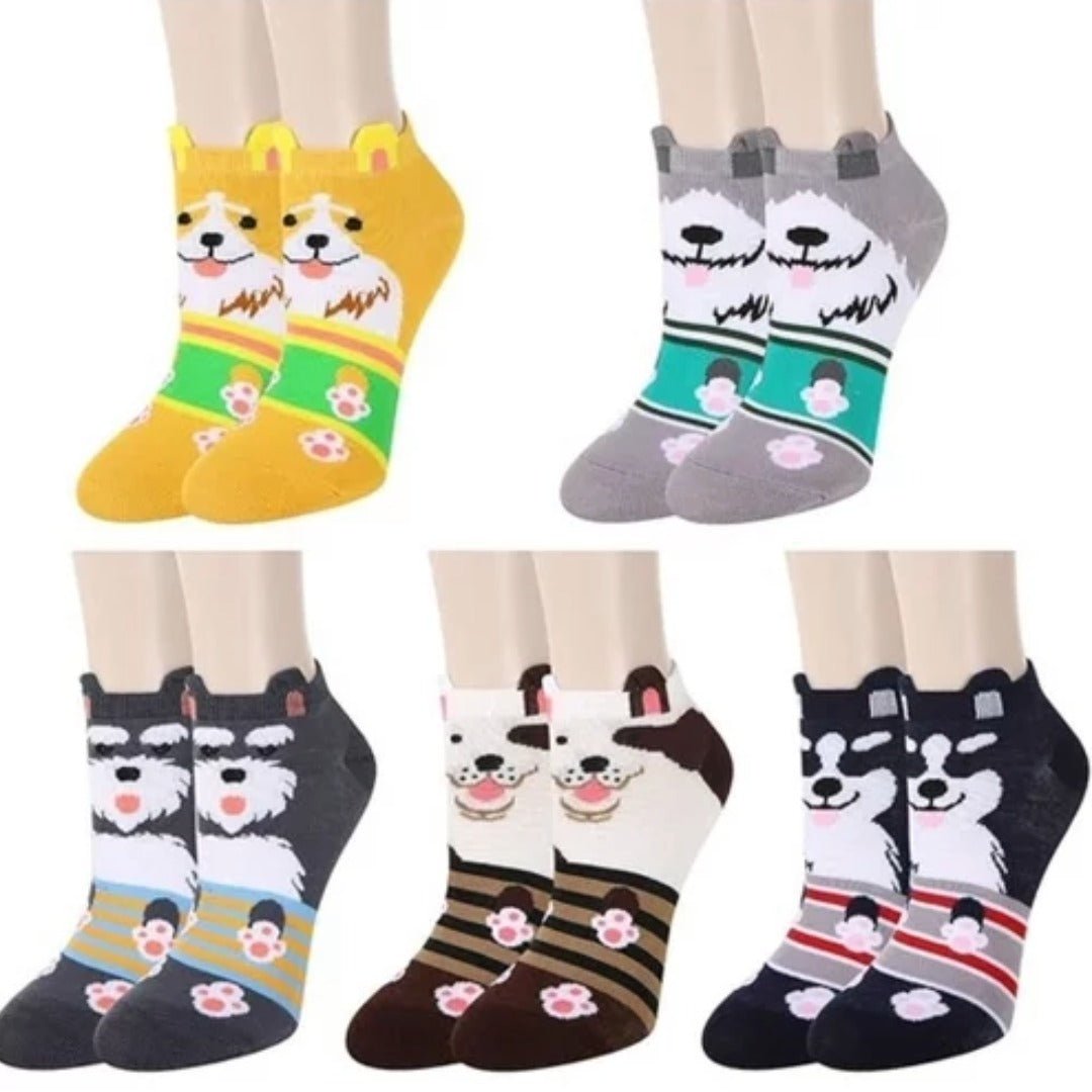 Puppy Dog Ankle Socks (Adult Medium - Women Shoe Sizes 5 - 10) - 5 Pack