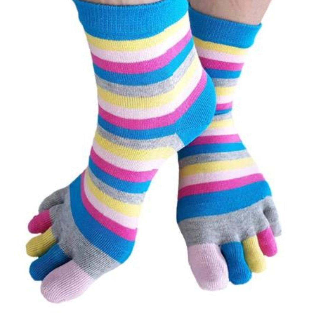 Rainbow Striped Pattern Toe Socks (Adult Medium - Women's Shoe Sizes 5 - 10) - Blue Accent