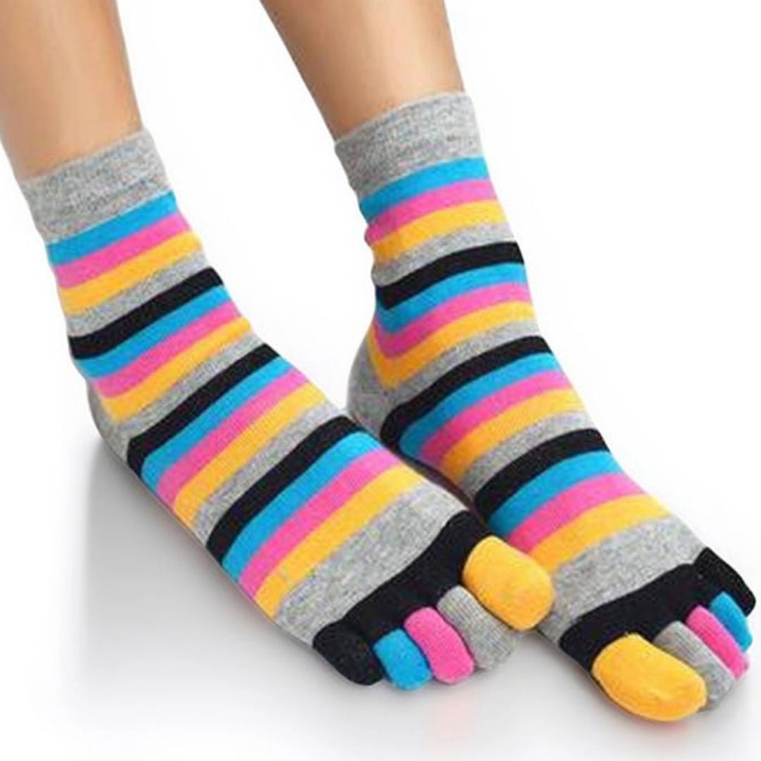 Rainbow Striped Pattern Toe Socks (Adult Medium - Women's Shoe Sizes 5 - 10) - Gray Accent