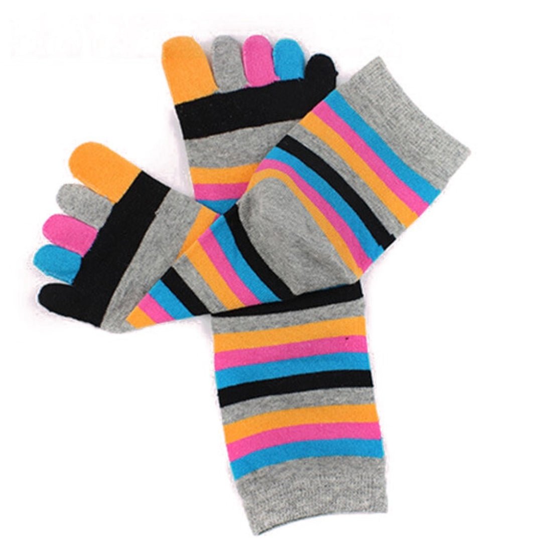 Rainbow Striped Pattern Toe Socks (Adult Medium - Women's Shoe Sizes 5 - 10) - Gray Accent
