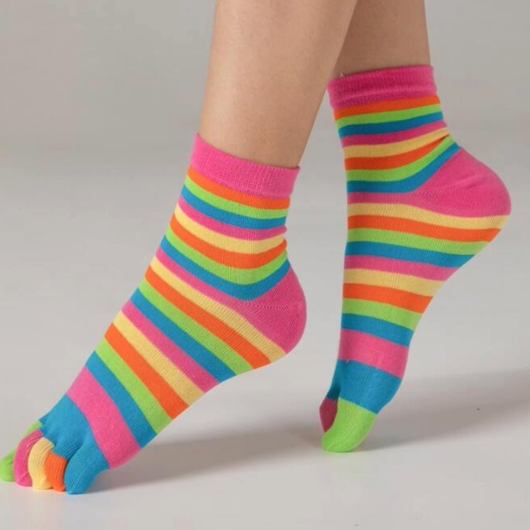 Rainbow Striped Pattern Toe Socks (Adult Medium - Women's Shoe Sizes 5 - 10) - Pink Accent