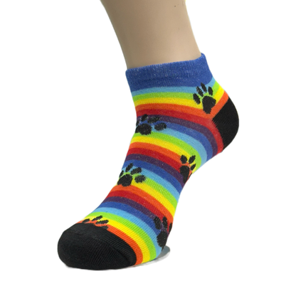 Rainbow Striped with Animal Paw Prints Ankle Socks (Adult Medium - Women's Shoe Sizes 5 - 10)