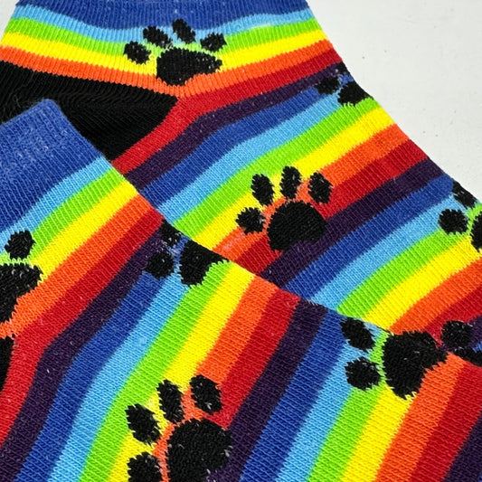 Rainbow Striped with Animal Paw Prints Ankle Socks (Adult Medium - Women's Shoe Sizes 5 - 10)