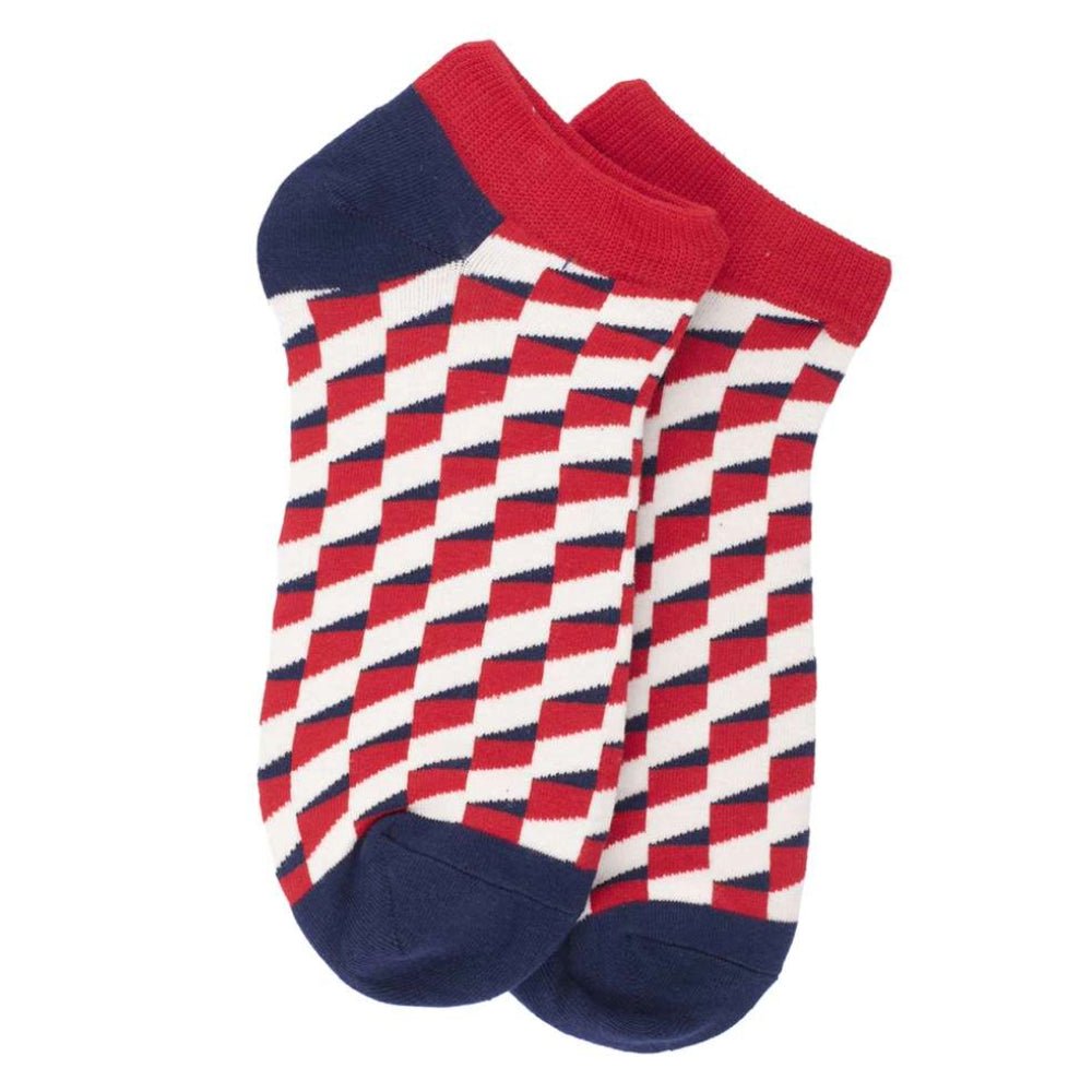 Red, White Blue 3D Cubed Patterned Ankle Socks (Adult Large - Men's Shoe Sizes 8 - 12)