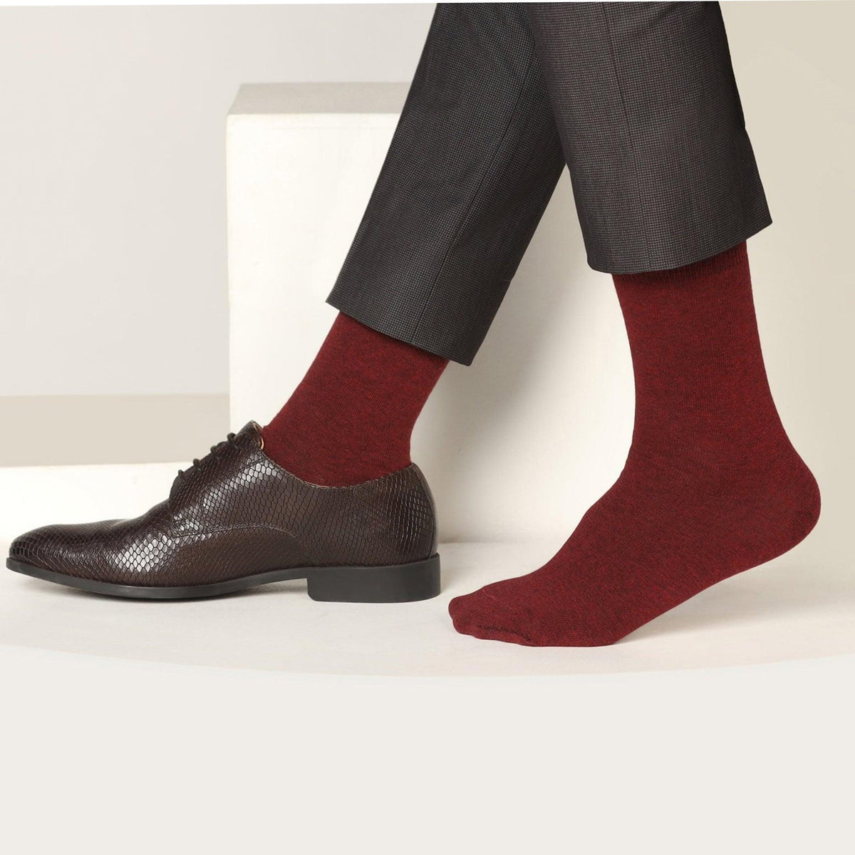Solid Color Crew Cotton Dress Socks - Burgundy