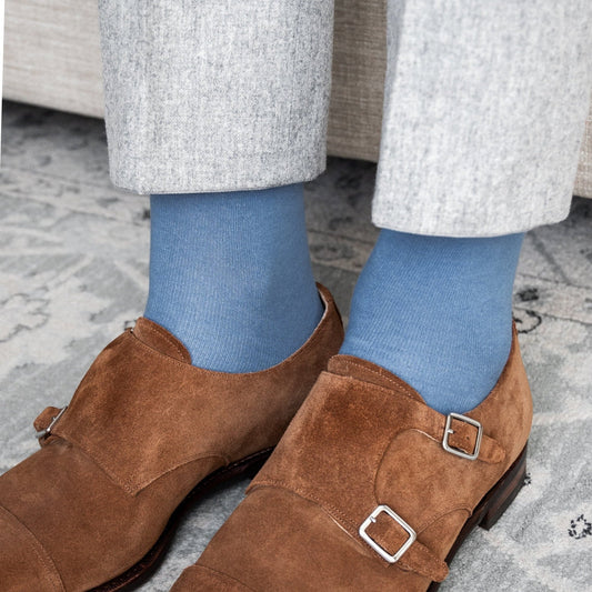 Solid Color Crew Cotton Dress Socks - Light Blue