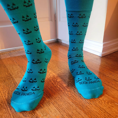 Sophisticated Blue Pumpkin Face Patterned Socks (Adult Large - Men's Shoe Sizes 8 - 12)
