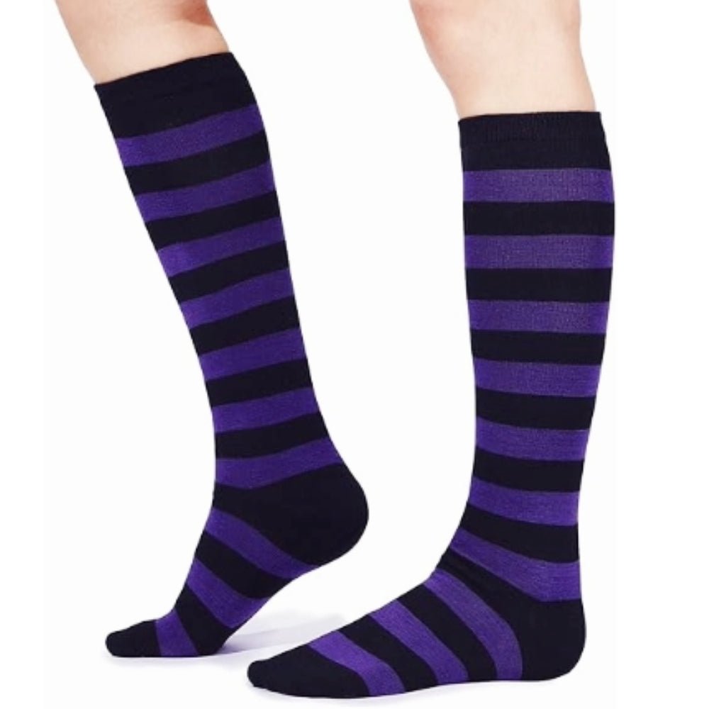 Striped Patterned Socks (Knee High) Dark Purple and Black