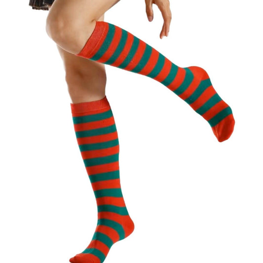 Striped Patterned Socks (Knee High) Green and Red