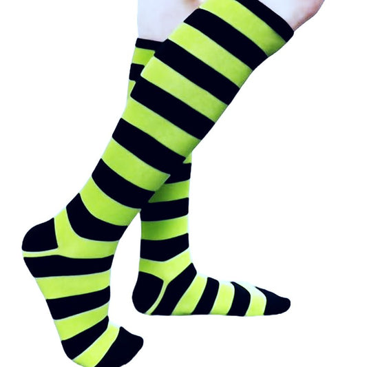 Striped Patterned Socks (Knee High) Lime Green and Black