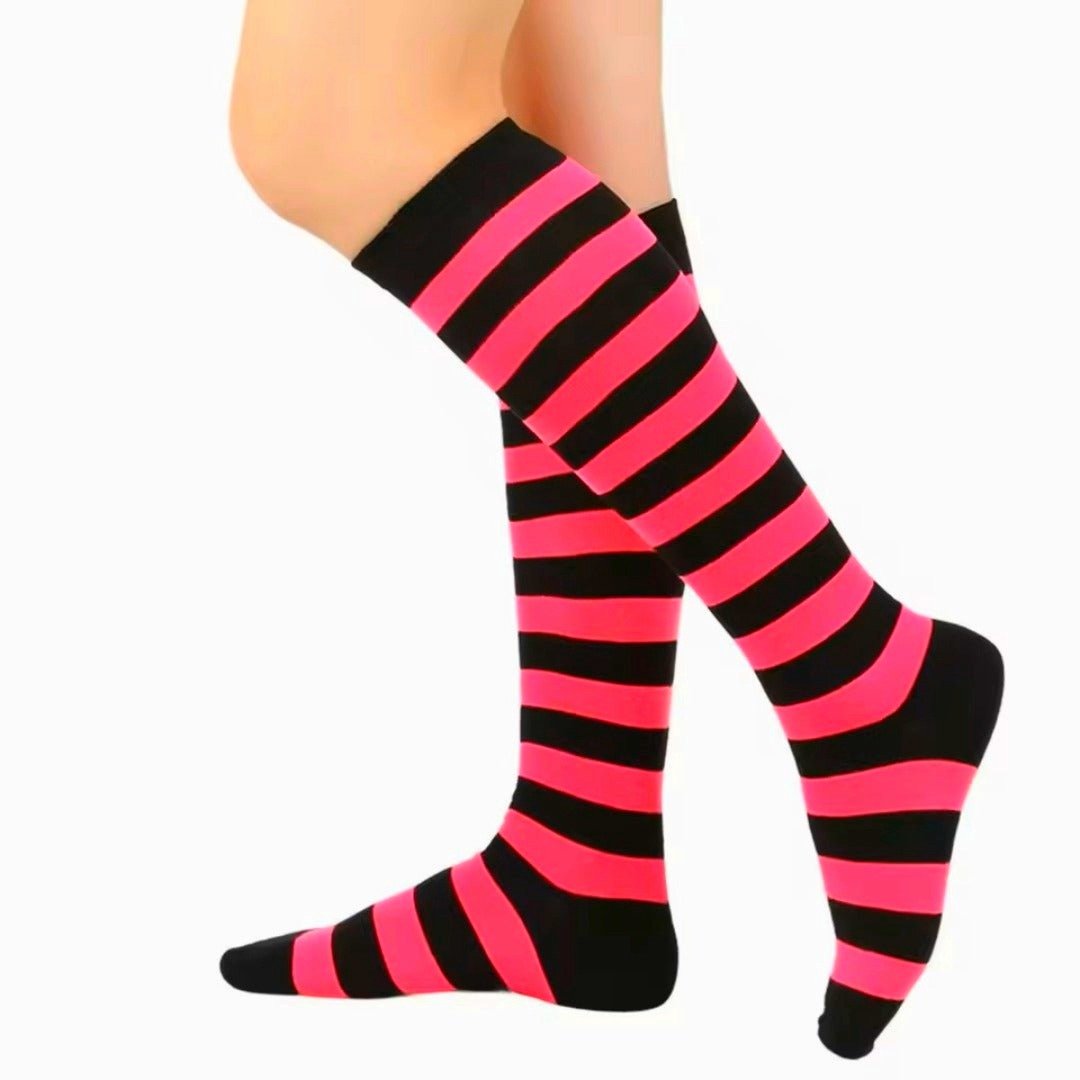 Striped Patterned Socks (Knee High) Hot/Neon Pink