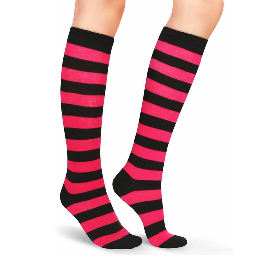 Striped Patterned Socks (Knee High) Rose Red and Black