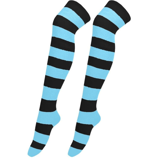 Striped Patterned Socks (Thigh High) Bright Blue and Black