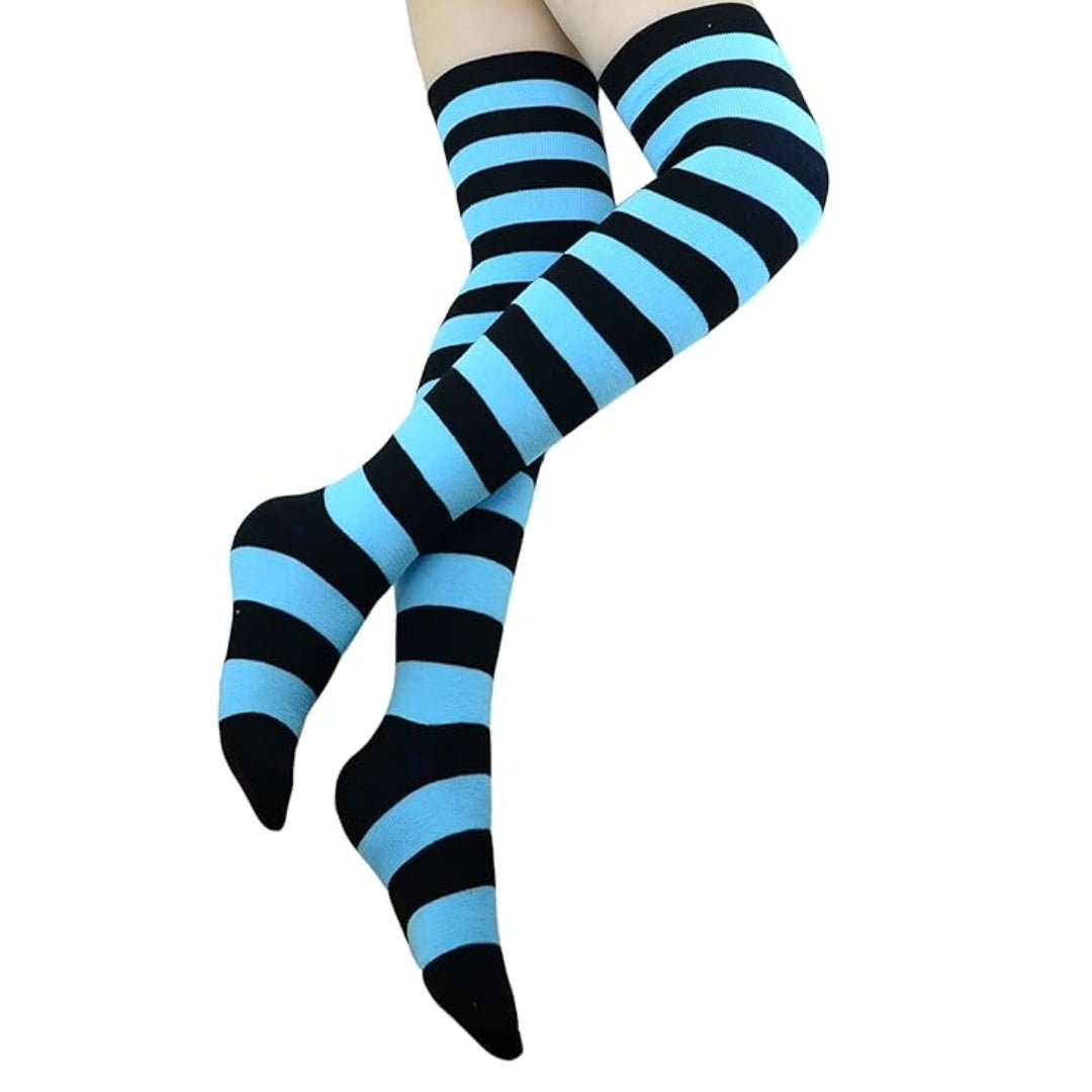 Striped Patterned Socks (Thigh High) Bright Blue and Black