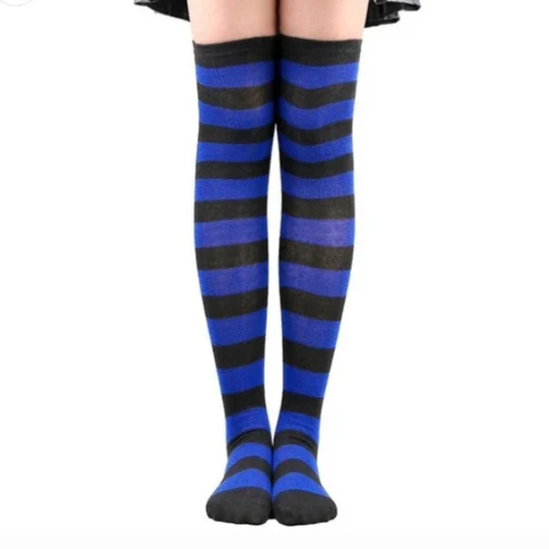 Striped Patterned Socks (Thigh High) Dark Blue and Black