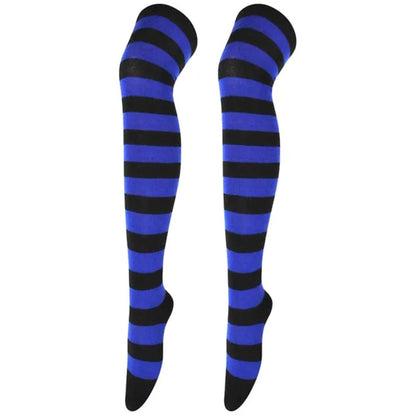 Striped Patterned Socks (Thigh High) Dark Blue and Black